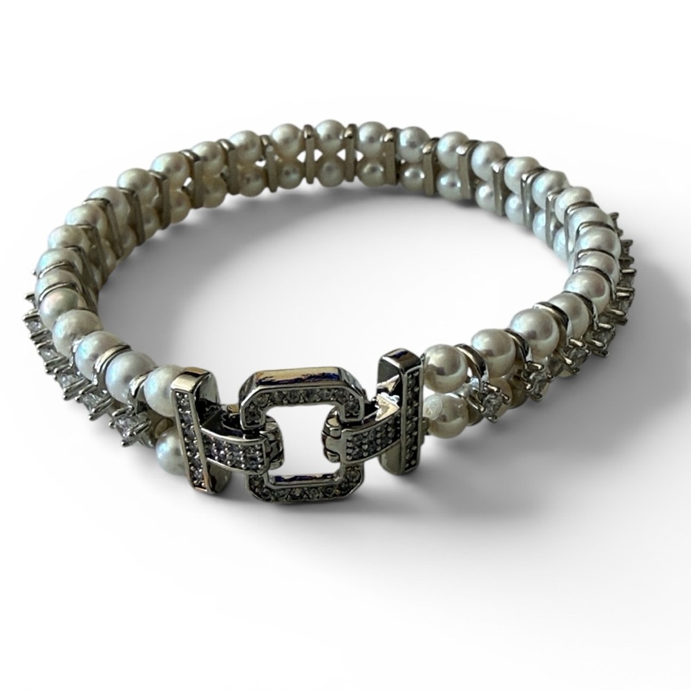 Baby Pearl CZ Bracelet | Silver Tone | Double Clasp | 7” - Picture 8 of 8